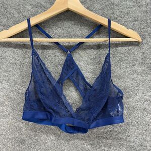 City Streets Bralette Bra Women L Large Blue Floral Lace Wireless Sheer Nylon